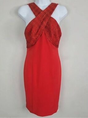 Oleg Cassini Black Tie Red One-Shoulder Cross-Bodice Dress